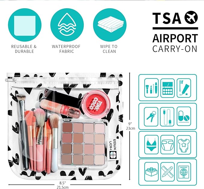 HIONXMGA TSA Approved Toiletry Bag, Set of 3 Clear Travel Toiletry Bag Quart Size Zipper Travel Pouch, Waterproof Makeup Cosmetic Bag for Women Men Kids Toiletries Carry on, Hearts Large