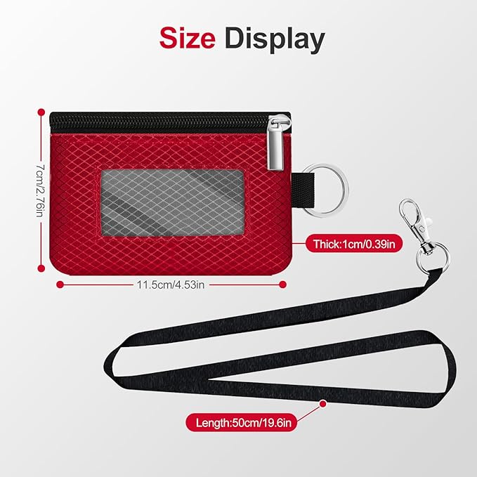Minimalist RFID Blocking Small Wallet with ID Window,WaterResistant Zip Id Case Wallet with Lanyard Keychain for Cards,Cash,Travel,Women,Men (Red/Dark Grey)