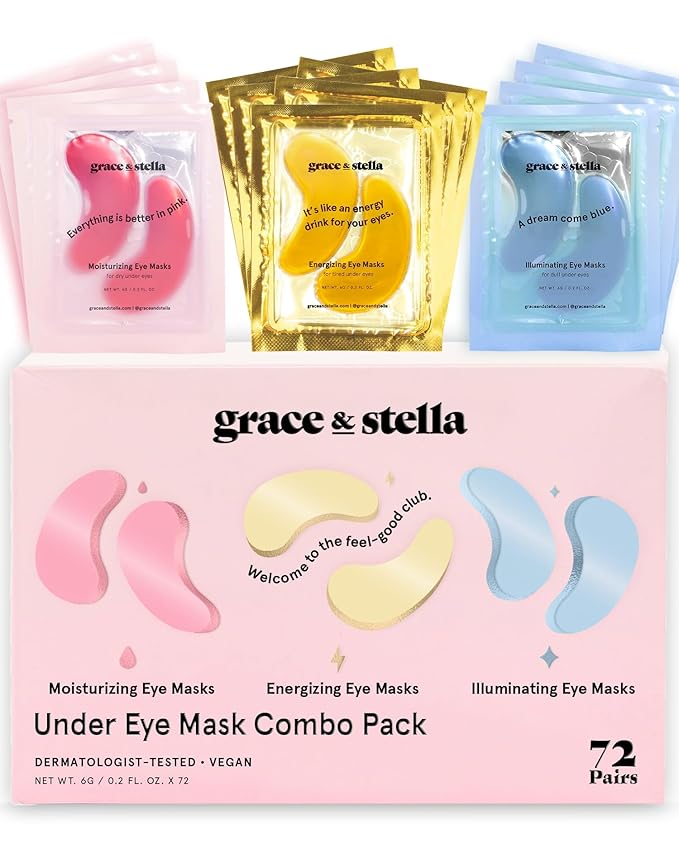 grace & stella Under Eye Mask - Reduce Dark Circles, Puffy Eyes, Undereye Bags, Wrinkles - Gel Under Eye Patches, Mothers Day Gifts Bulk - Vegan Cruelty-Free Self Care (72 Pairs, Gold, Pink, & Blue)