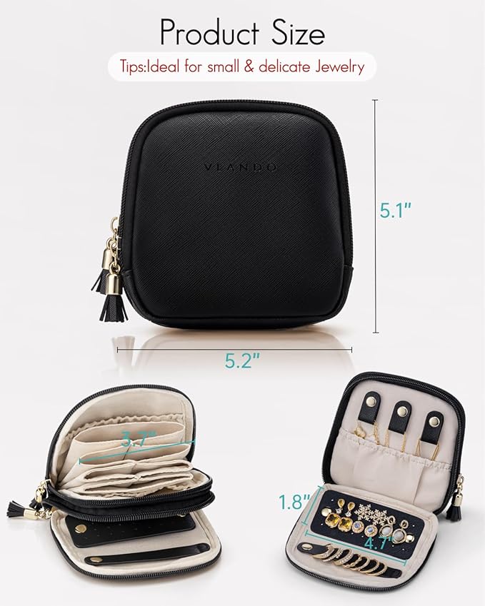 VLANDO Travel Jewelry Case,2-Layer Jewelry Organizer for Travel,Mothers Day Mom Gifts,Multi-Compartment Jewelry Storage for Rings Earrings Necklaces Bracelets-Black