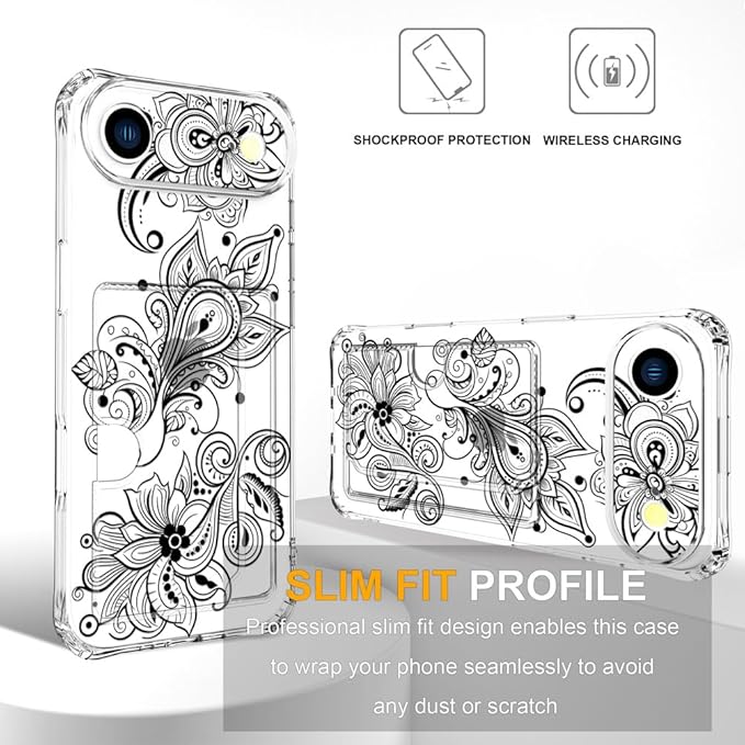 Compatible with iPhone 17 Air Case Card Holder for Women Cute Design,Wallet Phone Cases Transparent Cool Kawaii Protective (Clear Black Henna Flower)
