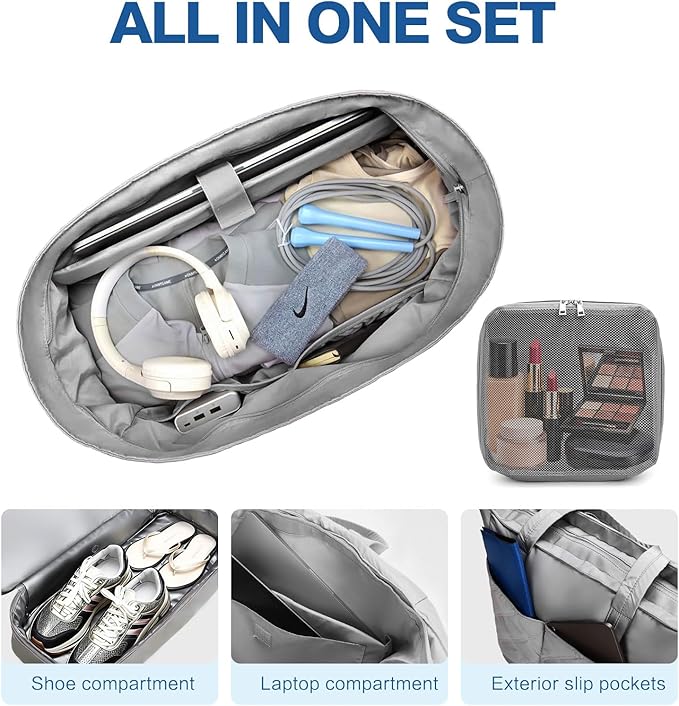 Large 2PCS Nylon Duffle Bag for Travel Weekender Overnight Hospital Gym Bag for Men & Women, Carry On Airline Approved Personal Item Duffel Garment Bag Luggage with Shoe Compartment & Packing Cube
