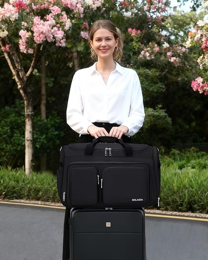 MILADA Carry On Luggage Bags for Travel Lightweight Personal Item Travel Bag Foldable Large Duffle Bag for Travel Tote Overnight Bags for Women Mens Weekender Bags, Black