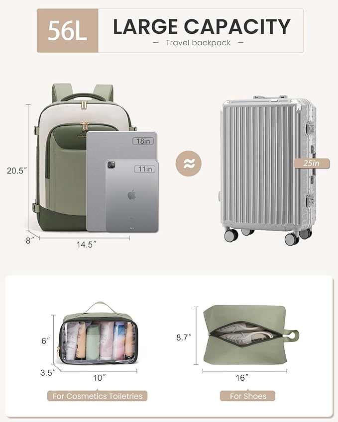 LOVEVOOK 56L Travel Backpack for Women Men, Medium Checked Backpack for Airplanes TSA Personal Item Travel Bag fits 18" Laptop, Waterproof Weekender Essentials Airline Approved with 2 Packing Cubes