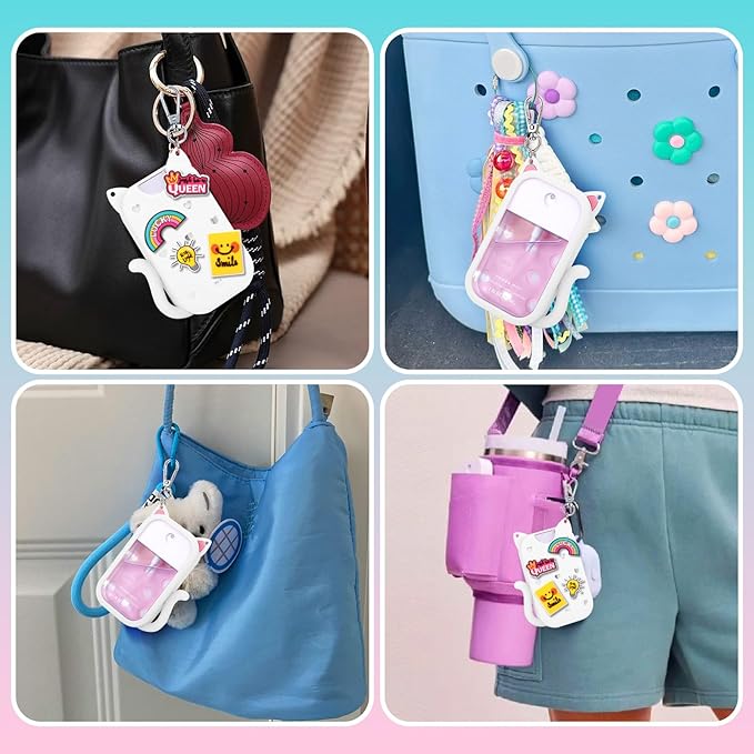 Juome Silicone Case for Touchland Hand Sanitizer Spray with Keychain & Charms, Cat Protective Holder Compatible with Touchland Power Mist & Glow Mist 1 FL Oz/30ML,Travel Cover Sleeve Accessory (White)