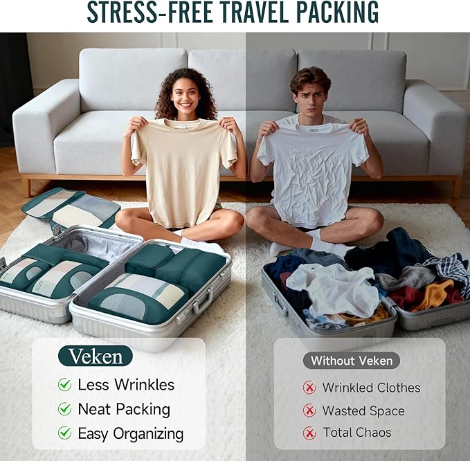 Veken 10 Set Packing Cubes for Travel Essentials, Suitcase Organizer Bags in 4 Sizes, Carry-On Luggage Accessories with Large Laundry Bag & Passport Holder, Must-Have for Airplane, Road Trip & Camping