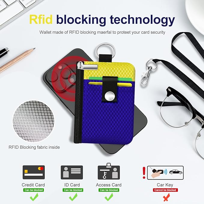 Minimalist RFID Blocking Small Wallet with ID Window,WaterResistant Zip Id Case Wallet with Lanyard Keychain for Cards,Cash,Travel,Women,Men (Sapphire Blue/Lemon Yellow)