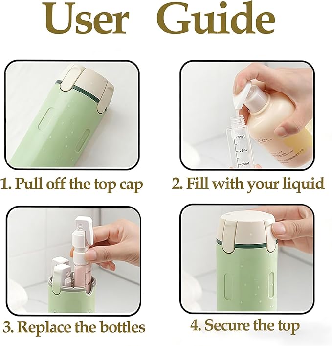 4 in 1 Travel Dispenser Bottle Travel Bottle Dispenser for Toiletries TSA Approved Leakproof with 4 Pack 30Ml Travel Size Pump Bottles & Labels, Suitable for Lotion Shampoo Conditioner Cream