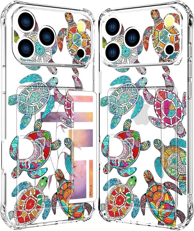Compatible with iPhone 17 Pro Case Card Holder for Women Cute Design,Wallet Phone Cases Transparent Cool Kawaii Protective (Clear Sea Turtles Animal Tribal)