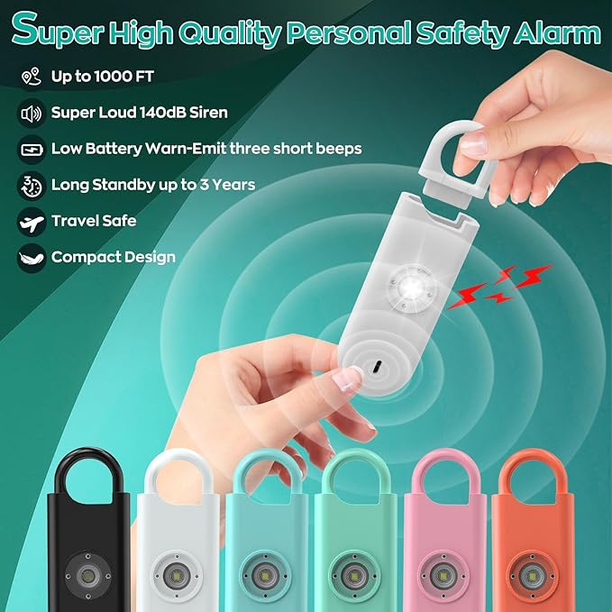 Fauxomor 140dB Personal Safety Alarm for Women, 6 Pack Safe Alarm Protection Keychain with Strobe Light & Low Battery Notice, Security Siren Self Defense for Seniors College Girls, White+Pink+Black