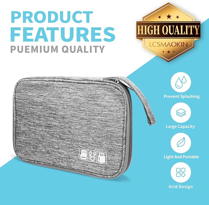 Lcsmaokin Electronics Organizer Travel Case,Electronic Accessories Storage Bag,Portable Waterproof Cable Organizer Bag,Travel Cord Organizer Bag for Small Charging Cord Storage,Cables,SD Card (Grey)
