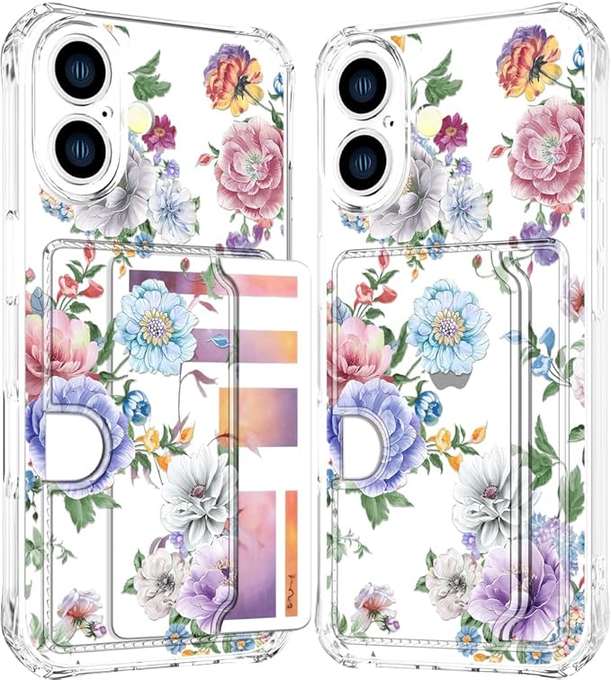 Compatible with iPhone 16 Plus Case Card Holder for Women Cute Design,Wallet Phone Cases Transparent Cool Kawaii Protective (Clear Amazing Lovely Flowers)
