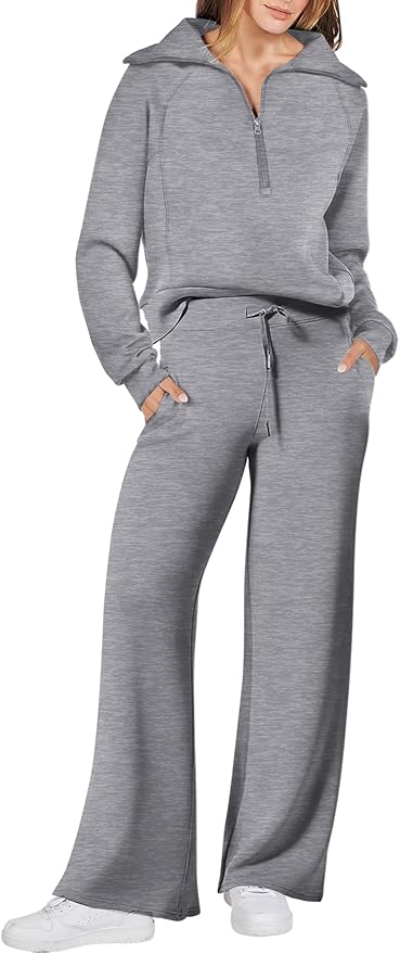 ANRABESS Women 2 Piece Outfits 2025 Fall Fashion Airport Wide Leg Pants Lounge Set Leisure Travel Vacation Clothes Sweatsuits