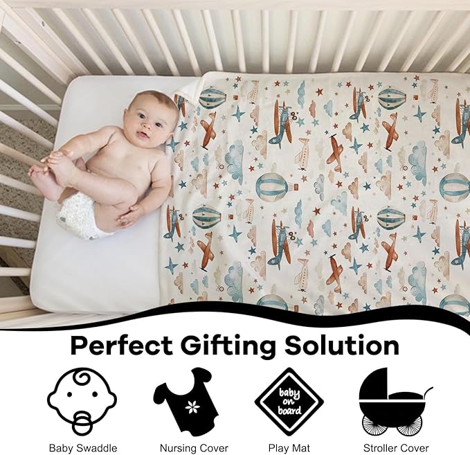 Unisex Plane Hot Air Balloon Prints Baby Nursery Throw Gift Blanket for Boys Girls, Aircraft Transportation Clouds Stars Pattern Swaddle Receiving Bed Blanket for Newborn Toddlers Kids-50x60