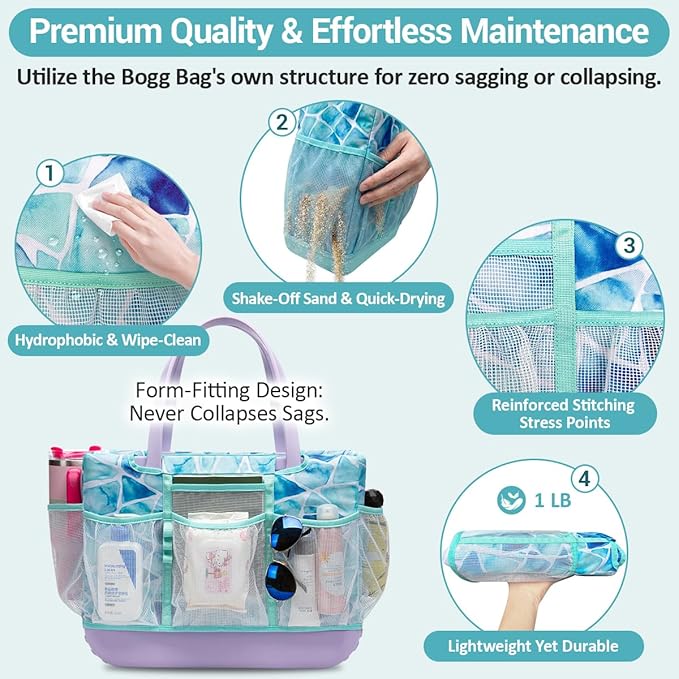 Nyton Organizer Bag Insert for Bogg Bag Inner Liner Pouch for Original Large XL Rubber Tote Zippered Organizer with Pockets for Beach Travel Sports Mom (SEA GLASS, LARGE)