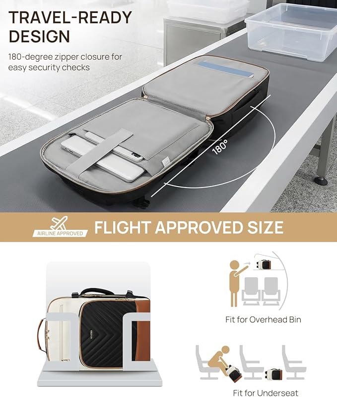 Telena Travel Backpack for Women, 17.3 inch Laptop TSA Carry On Personal Item Size Flight Approved Travel Bag Daypack with Multi-Pockets for Work, Travel, Business, Black-Beige-Brown