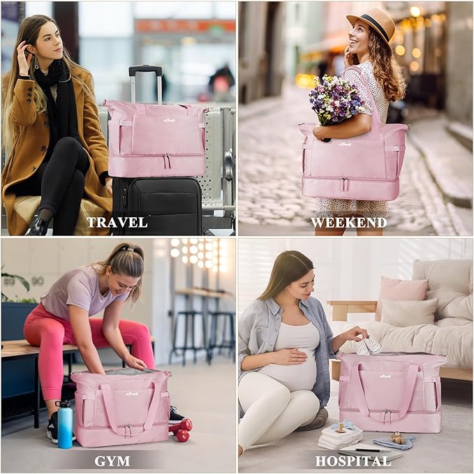 ETRONIK Gym Bag for Women, 45L Carry On Travel Duffel Bag with Shoes Compartment, Weekender Overnight Bag with Wet Pocket for Women, Travel, Gym, Weekend, Large Size