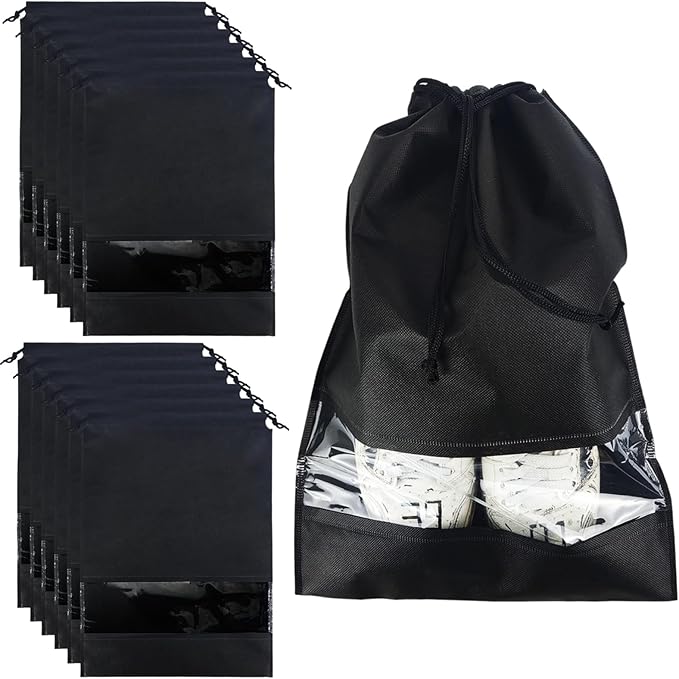 Shoe Bags for Travel,12PCS Black Travel Shoe Bags for Packing,Non-woven Shoe Bags for Storage,Shoe Bags for Travel Women & Man,Portable Shoes Organizer Pouch with Rope,Dust-proof Shoe Bag 13 x 17.32“
