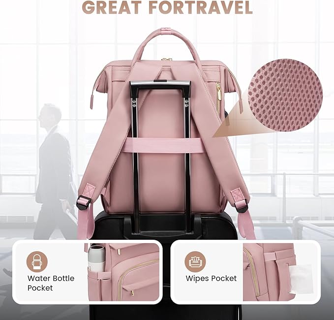 LOVEVOOK Leather Laptop Backpack for Women 15.6 inch, Travel Purse with USB Port, Pink