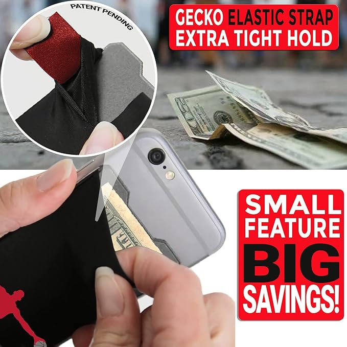 Phone Wallet - Adhesive Card Holder - Cell Phone Pouch - Stick on Lycra Pocket by Gecko - Carry Credit Cards and Cash