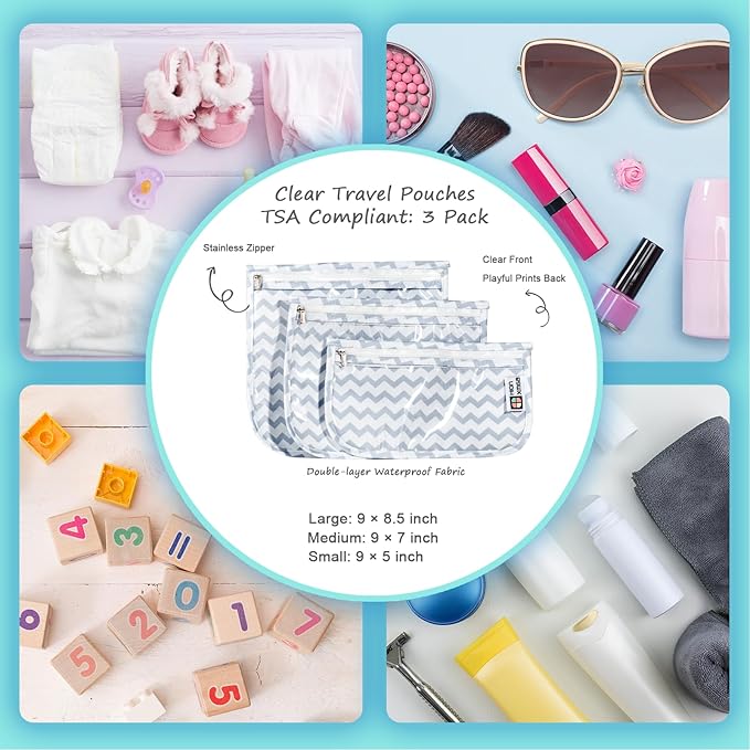 HIONXMGA TSA Approved Toiletry Bag, Set of 3 Clear Travel Toiletry Bag Quart Size Zipper Travel Pouch, Waterproof Makeup Cosmetic Bag for Women Men Kids Toiletries Carry on, Wave