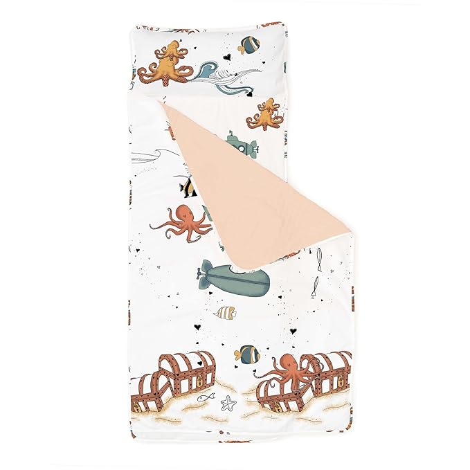 JumpOff Jo Extra Long Nap Mat for Kids - Cozy Kids Rest Mat with Removable Pillow and Ultra Soft Blanket for Preschool, Daycare, and Sleepovers - Octopus Treasure