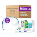 Convenience Kits International Unisex 9 Piece Hygiene Travel Kit with 2-in-1 Shampoo, Degree Deodorant, Crest Toothpaste, Body Wash, Comb, TSA Compliant Toiletry Bag (8 Kits)
