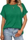 AUTOMET Women's Oversized Short Sleeve T Shirts Casual Drop Shoulder Rolled Cuff Summer Tops for Work, Travel and Lounge