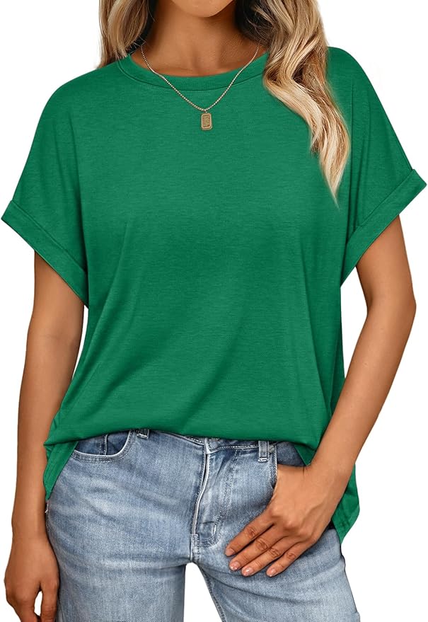 AUTOMET Women's Oversized Short Sleeve T Shirts Casual Drop Shoulder Rolled Cuff Summer Tops for Work, Travel and Lounge