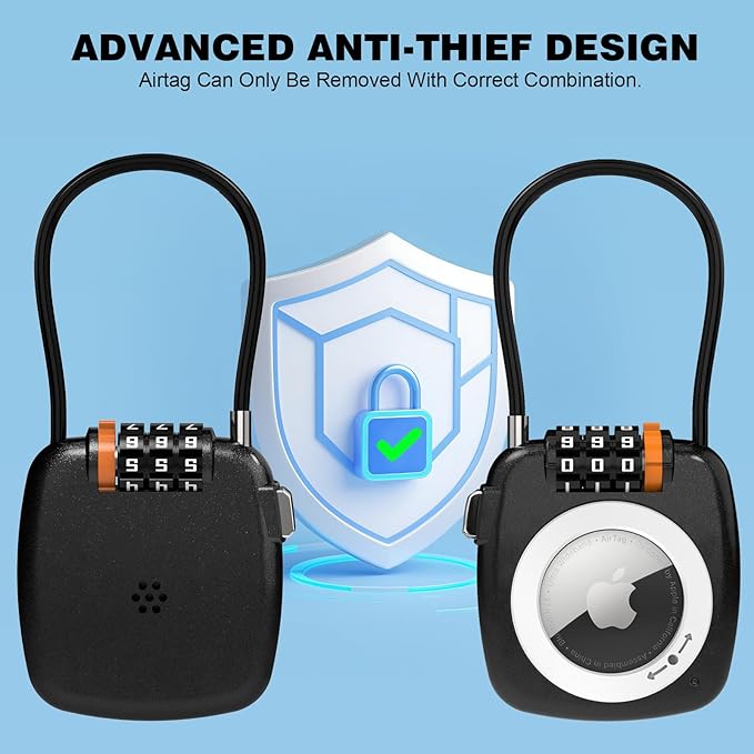 Airtag Keychain Holder with 3 Digit Combination Lock for Luggage, Suitcase, Backpack, Lockers, Travel Luggage Locks, Resettable Cable Lock with Zinc Alloy Body(Black)