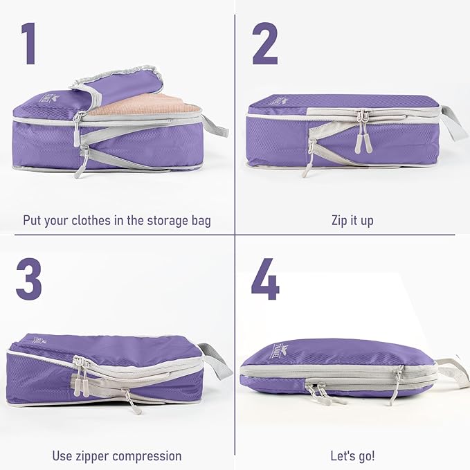 4 Set Compression Packing Cubes, Suitcase Organizer, Lightweight Travel Essentials, Compression Bags For Travel Accessories Luggage Storage Set (4 Pcs, Purple)