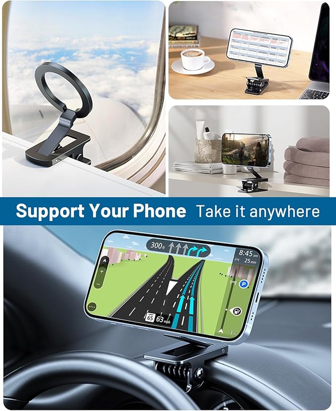 JINSERTA Clip-on Airplane Phone Holder Mount, Handsfree Magnetic Phone Stand,Travel Must Haves Phone Stand for Desk,Travel Essentials for iPhone 15 14 13 12 Pro Max