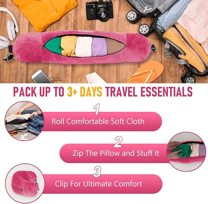 Travel Neck Pillow Stuffable with Clothes, Stuffable Neck Pillow for Travel, Packable Fillable Storage Bag for Airplane