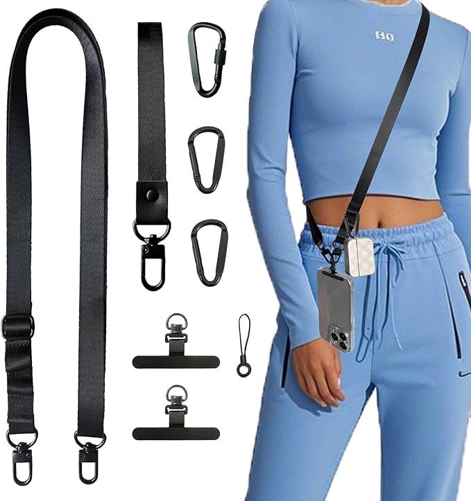 Cell Phone Lanyard Crossbody Anti-theft - 1 Adjustable Neck Strap with 3 Rings for Hanging Airpods/Wallet/Sunglasses, 1 Wrist Strap, 2 Metal Tether Tab, 3 Metal Carabiners, Airplane Travel Essentials