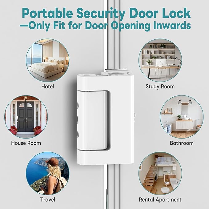 Upgraded Portable Security Door Reinforcement Lock - No Drilling Flip Lock Latch Prevents Unauthorized Entry Fits Inward-Opening Doors, Apartment, Hotel, Travel (White-3 Pcs)