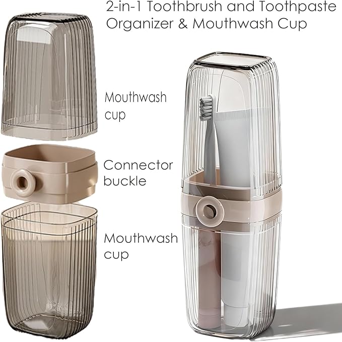 Toothbrush Travel Case, 2 in 1 Portable Travel Toothbrush Holder with Mouthwash Cups, Leakproof Travel Toothbrush and Toothpaste Container for Traveling Camping Dorm Office Business Trip
