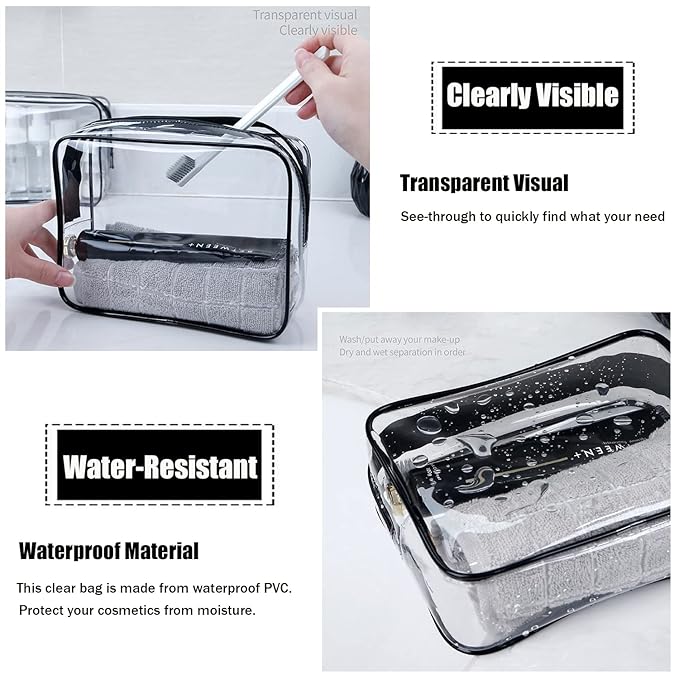 MODENGKONGJIAN TSA Approved Toiletry Bag, 3 Pcs Clear Toiletries Bags Quart Size Travel Makeup Cosmetic Bag for Women Men, Carry on Airport Airline Compliant Bag (Rose Red)