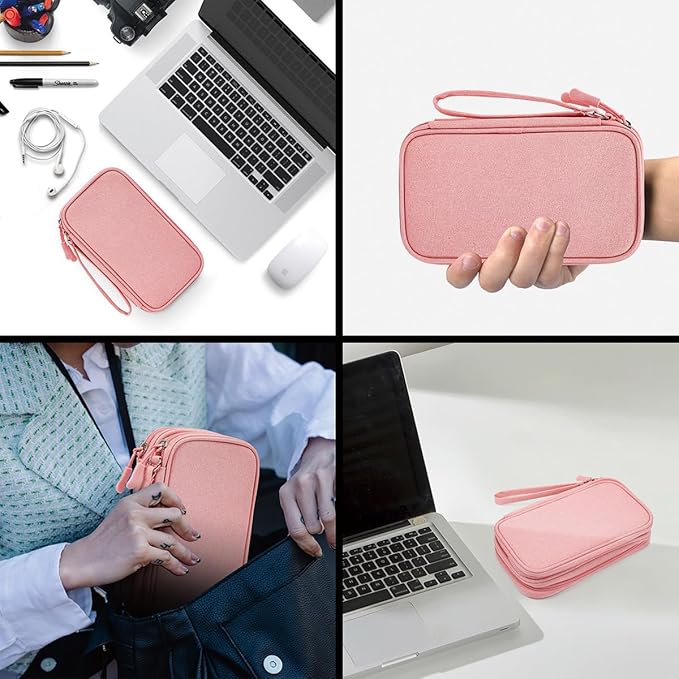 CAAORDKSO Electronic Cable Organizer Bag, Travel Electronic Accessories Carry Case Portable Waterproof Double Layers Storage Bag for Cable, Cord, Charger, Power Bank, Earphone (Light Pink, Medium)
