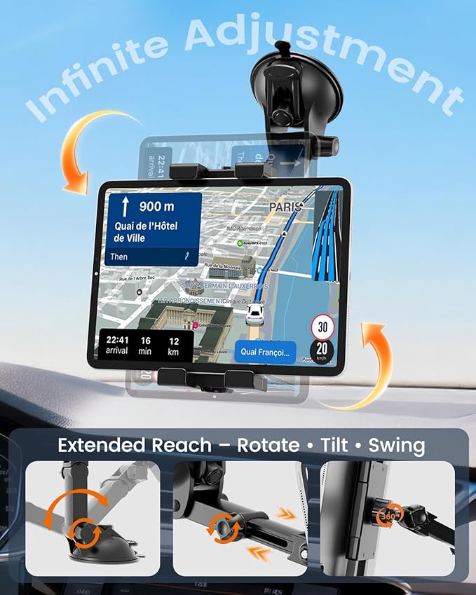 OHLPRO Tablet Holder for Car Dashboard & Windshield, Long Arm Suction Cup Tablet Mount Fits 5-17" iPad Pro/Air/Mini, Stable iPad Car Mount for Truck/SUV/Semi, Ideal Tech Gift for Drivers & Traveler