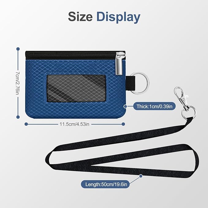 Minimalist RFID Blocking Small Wallet with ID Window,WaterResistant Zip Id Case Wallet with Lanyard Keychain for Cards,Cash,Travel,Women,Men (Electric Blue/DarkGrey)