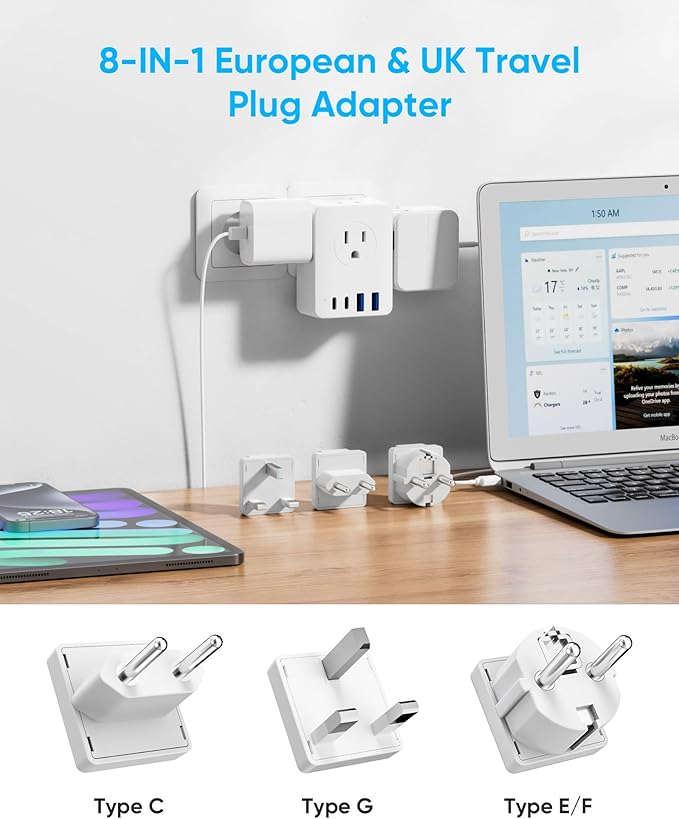 Kakyanill European Travel Plug Adapter, 5ft Detachable Extension Cord with Type C/G/E/F Plug Kit, 4 AC Outlets, 4 USB Ports (2 USB C), UK Germay France Greece Travel Plug Adapter