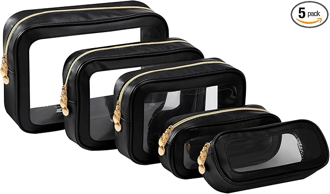 5PCS Diaper Bag Organizer Pouch Set，Clear Organizer Bags,TSA Approved Toiletry Bag,Clear Waterproof Cosmetic Bags with Zipper,Purse Organizer Pouches,Travel Organizer Bags for Woman and Kids,Black