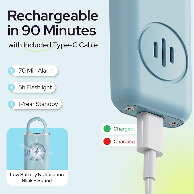 Personal Safety Alarm for Women – 130dB Loud Panic Siren Keychain - Rape Whistle Alternative – LED Light, Carabiner Clip, Low Battery Alert, USB-C Charging Self Defense Alarm by Weten (Blue)