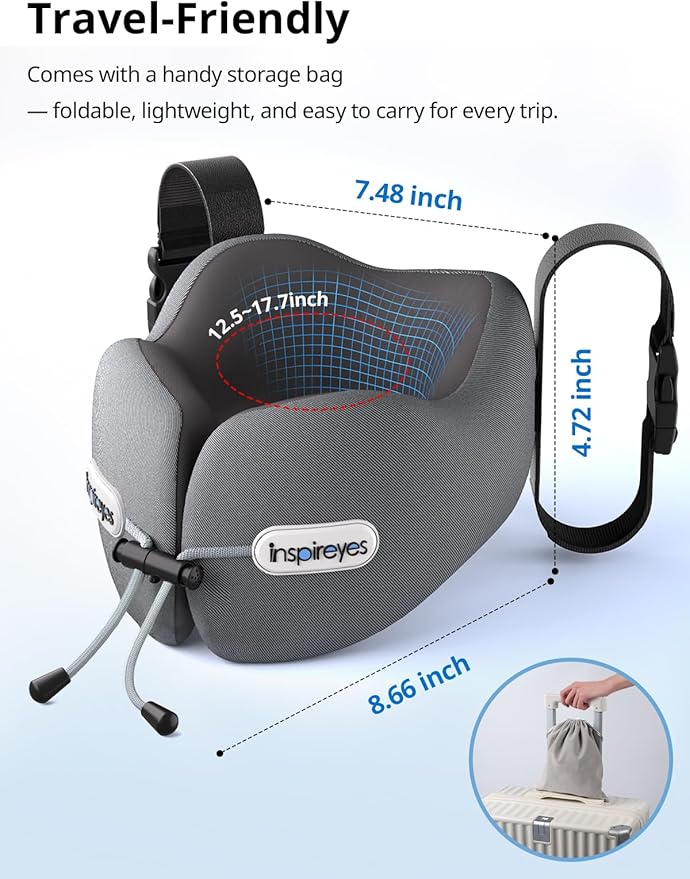 Inspireyes Neck Pillow, Travel Pillow with Seat Strap, 3D Sleep Mask, Dual Support Neck Head, High Supportive Foam Airplane Pillow for Long Flight, Stop Bobblehead Travel Essential, Light Grey