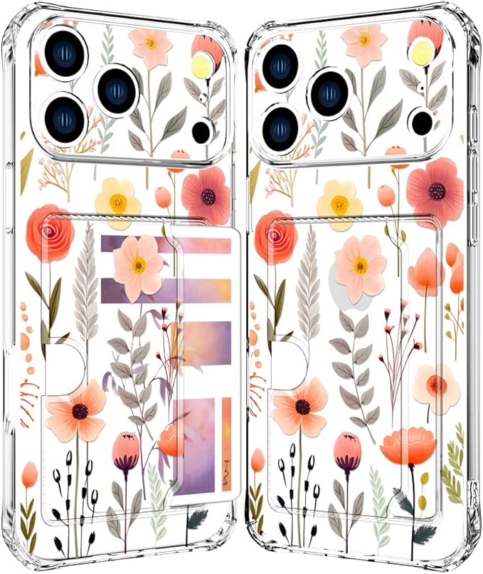 Compatible with iPhone 17 Pro Max Case Card Holder for Women Cute Design,Wallet Phone Cases Transparent Cool Kawaii Protective (Clear Flowers Leaves)