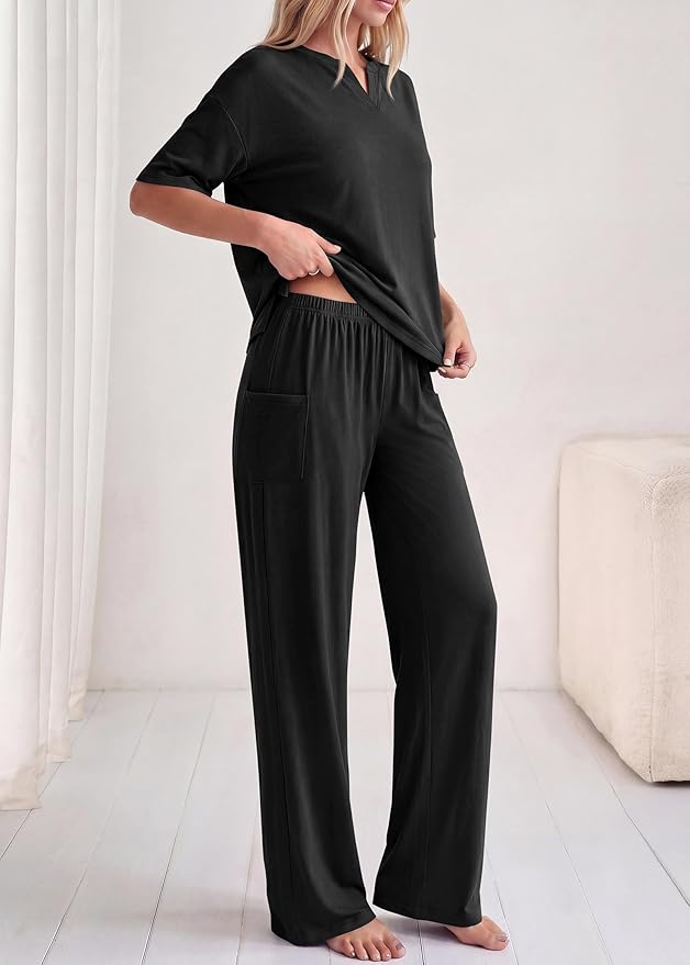 KIRUNDO Womens 2 Piece Matching Lounge Set Airport Travel Vacation Summer Outfits Oversized Short Sleeve Tops Wide Leg Pants