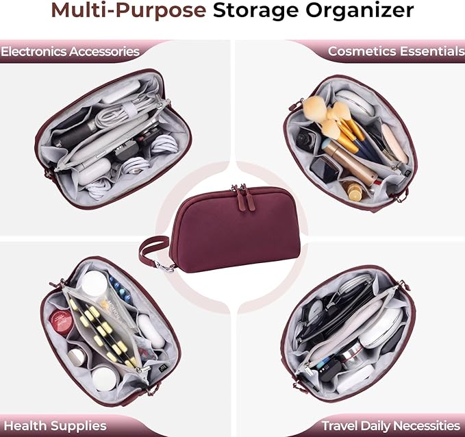 FYY Travel Cable Organizer - 8 Compartments Lightweight Water Resistant Tech Pouch with Wrist Strap, Electronic Accessories Case for Cord Charger Storage for Travel Home Office, Wine Red (Medium)