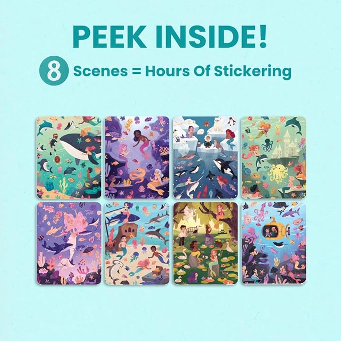 Mystical Mermaids 300+ Kids Sticker Book by Cupkin Toddler Travel Activity Coloring and Sticker Book, Road Trip Essentials, 8 Coloring Pages 8 Side by Side Scenes for Ages 2–8 Years