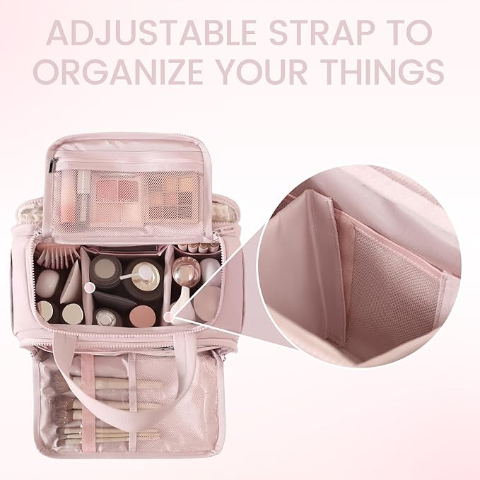 Cute Puffy Toiletry Bag for Women,Large Makeup Bag,Travel Cosmetic Bag with Adjustable Dividers & Trolley Sleeve,Toiletries Organizer,Light Pink