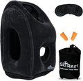 Inflatable Travel Pillow - Airplane Pillow for Neck Support on Long Flights, Buses, Cars, Office & Trains - Comes with Eye Mask, Earplugs & Portable Drawstring Bag - Black